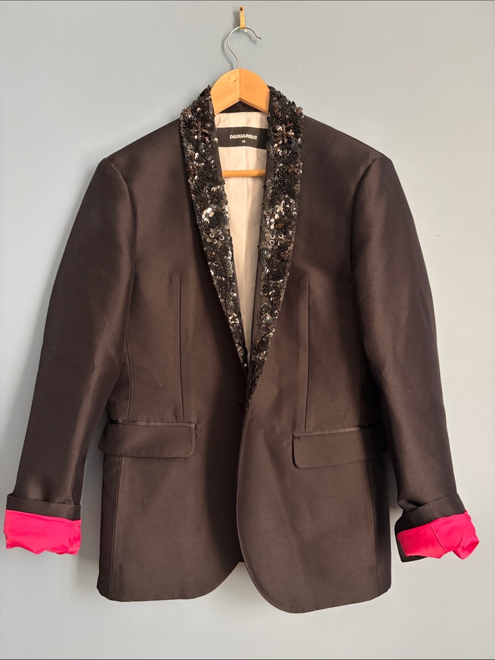 DSQUARED2 Black Blazer with Sequin Lapel and Pink Cuffs